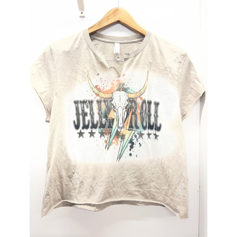 Jelly Roll Graphic Tee Bella Canvas Tan Bleached Notched Neck Raw Hem Large